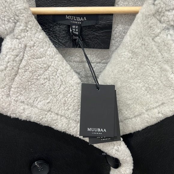 Muubaa London | NWT Black Leather Finish Button Front Shearling Jacket - Sz UK12 - Picture 6 of 12